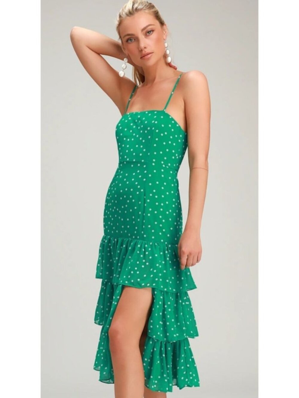 Lulus Nellie Green Polka Dot Ruffled Midi Dress Women's Size Small New With Tag!